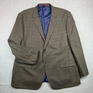 Haines & Bonner Pure New Wool Houndstooth Blazer Men 46L Brown Blue Check Office